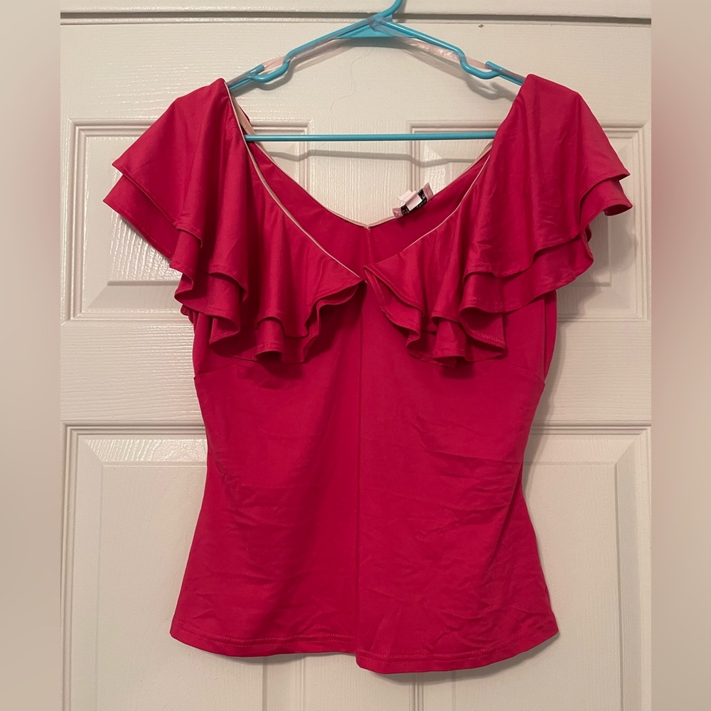 Unique Vintage Pink Off Shoulder Ruffled Top
